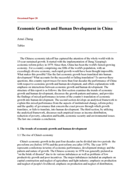 Publication report cover: Economic Growth and Human Development in China