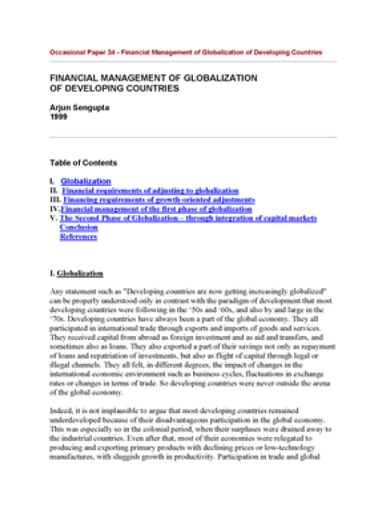 Publication report cover: Financial Management of Globalization of Developing Countries