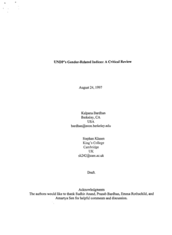 Publication report cover: UNDP's Gender Related Indices: A Critical Review