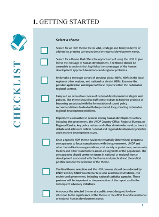 Publication report cover: Writing a Human Development Report Checklist: Getting Started