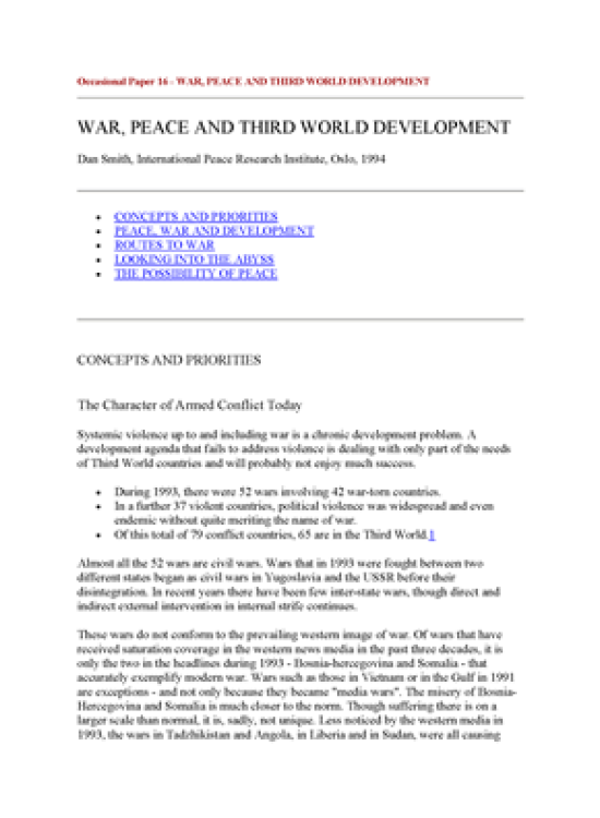 Publication report cover: War, Peace and Third World Development