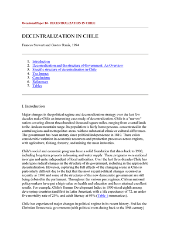 Publication report cover: Decentralization in Chile