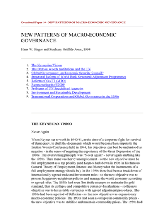 Publication report cover: New Patterns of Macro-Economic Governance