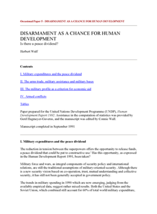 Publication report cover: Disarmament as a Chance for Human Development
