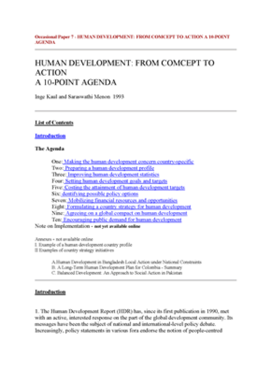 Publication report cover: Human Development: From Concept to Action