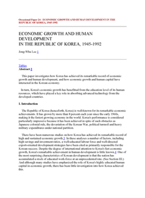 Publication report cover: Economic Growth and Human Development in the Republic of Korea, 1945-1992