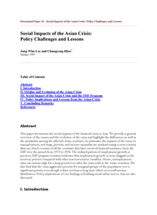 Publication report cover: Social Impacts of the Asian Crisis