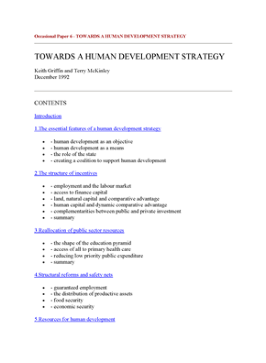 Publication report cover: Towards a Human Development Strategy
