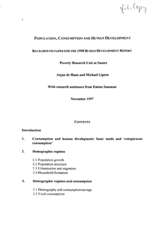 Publication report cover: Population, Consumption and Human Development