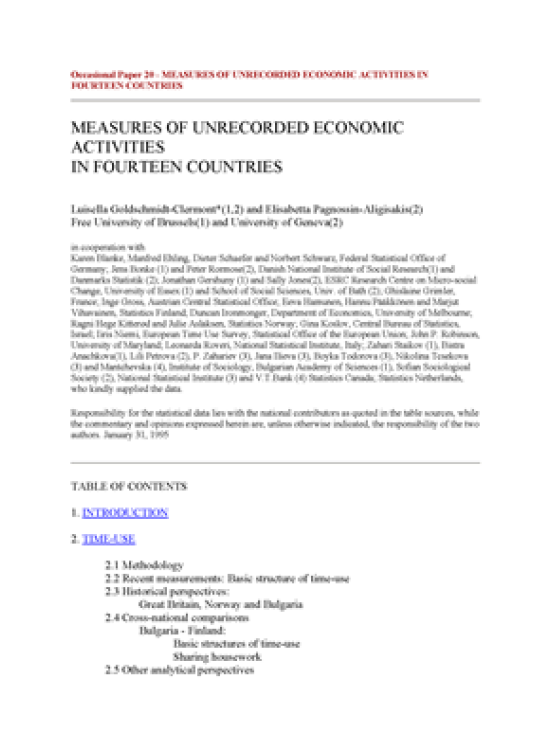 Publication report cover: Measures of Unrecorded Economic Activities in Fourteen Countries