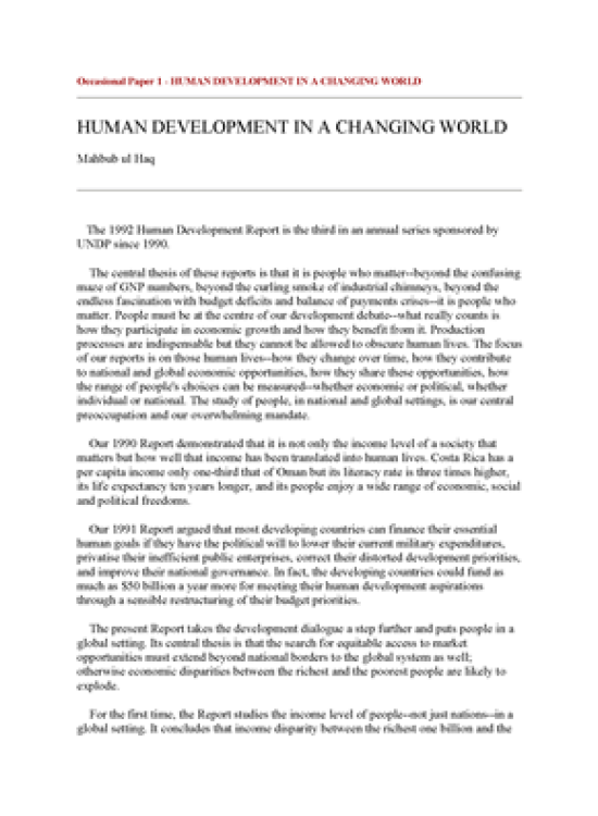 Publication report cover: Human Development in a Changing World