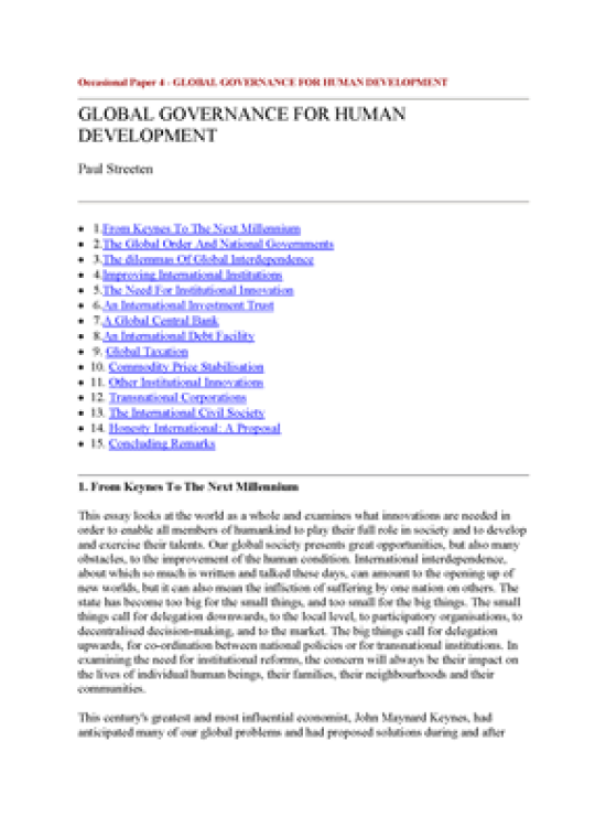 Publication report cover: Global Governance for Human Development