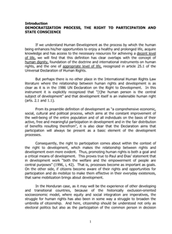 Publication report cover: Democratization Process, the Right to Participation and State Conscience