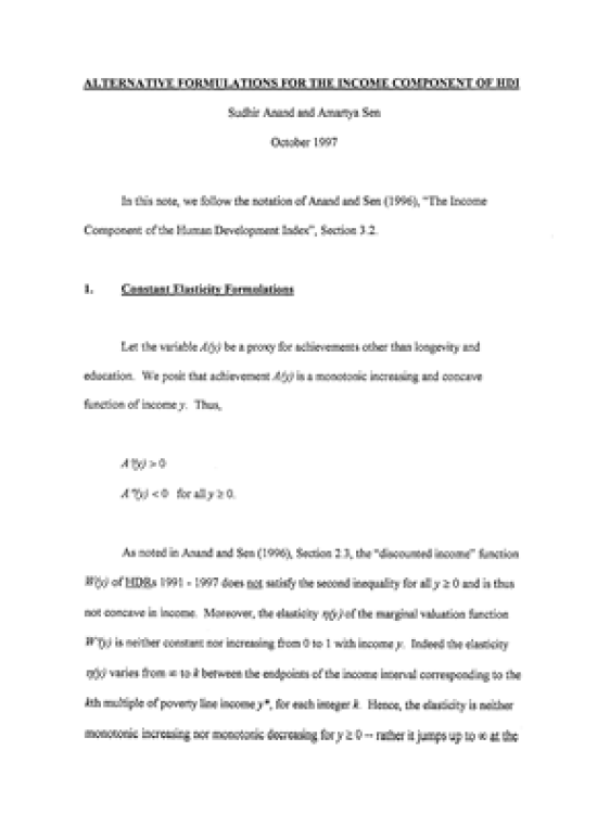 Publication report cover: Alternative Formulations for the Income Component of HDI